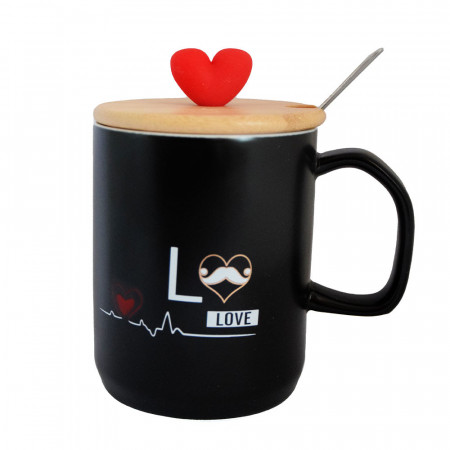 Cana Ceramica Cu Capac Din Bambus Pufo Love Him Pentru Cafea Sau Ceai