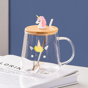 Cana Din Sticla Cu Capac Din Bambus Pufo Unicorn Princess Pentru Cafea