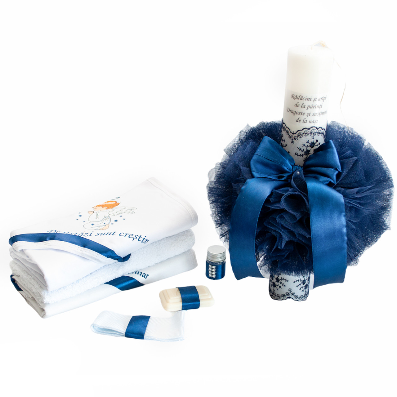 Set Botez Lumanare Cu Tulle Si Trusou Piese Bleumarin Spb