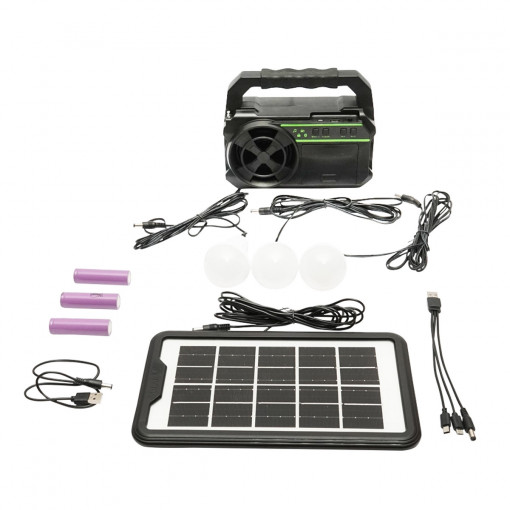 Kit Iluminat Portabil Led Cu Becuri Proiector Panou Solar Radio Fm