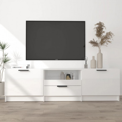 Comodă TV, alb extralucios, 140x35x40 cm, lemn prelucrat