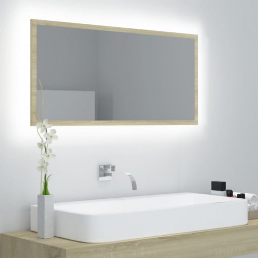 Oglindă de baie cu LED, stejar sonoma, 90x8,5x37 cm, PAL