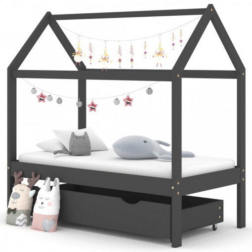 Cadru pat copii cu sertar gri închis 70x140 cm lemn masiv pin