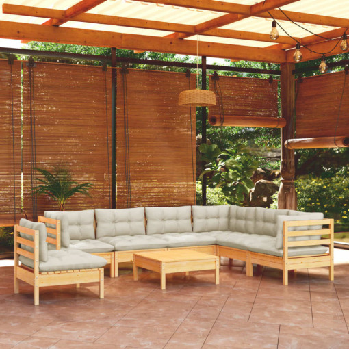Set mobilier de grădină cu perne crem, 8 piese, lemn masiv pin