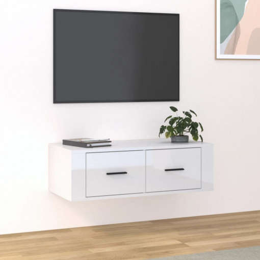Dulap TV suspendat, alb extralucios, 80x36x25 cm, lemn compozit