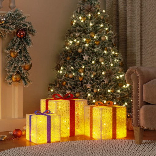 Cutii de Crăciun iluminate, 3 buc., 64 LED-uri, alb cald