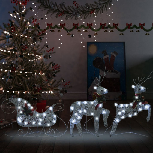 Decor de Crăciun cu reni și sanie, 60 LED-uri argintiu exterior