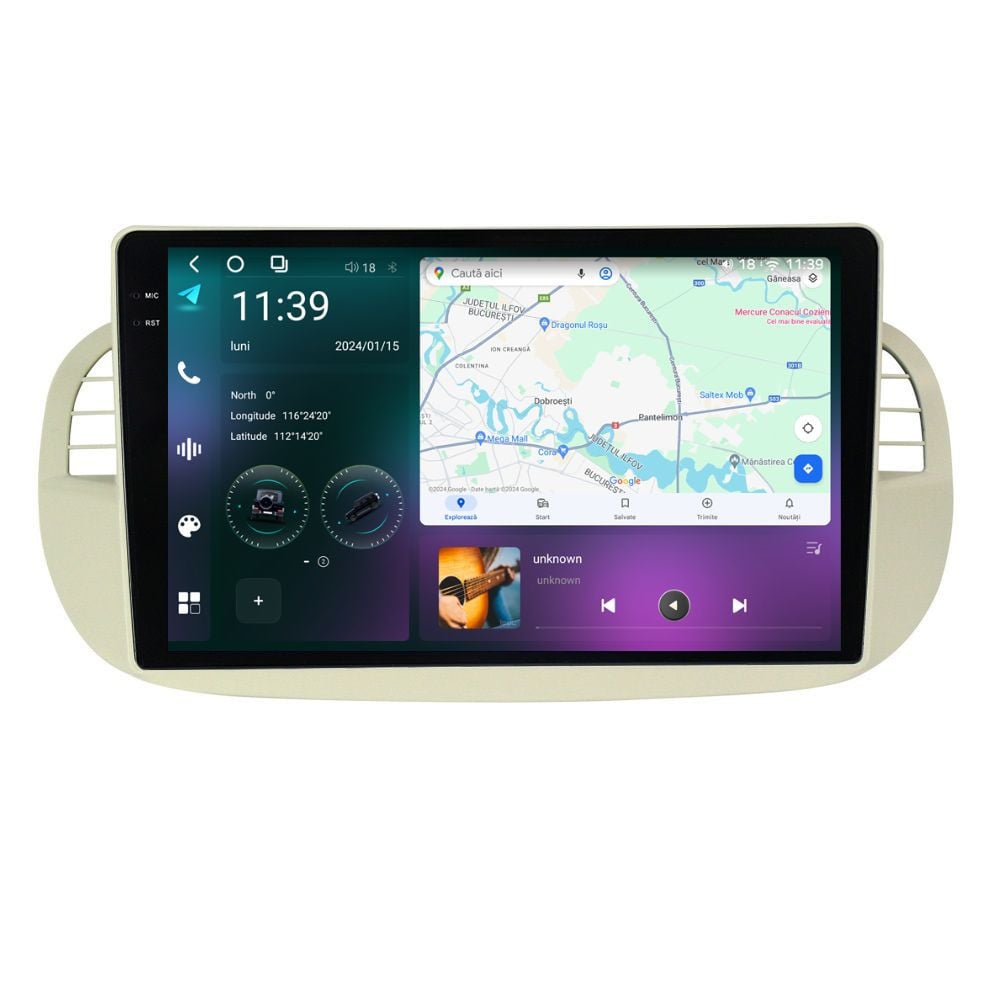 Navigatie dedicata cu Android Fiat 500 2007 - 2015, gri, 12GB RAM, Radio GPS Dual Zone, Display 2K QLED 9.5