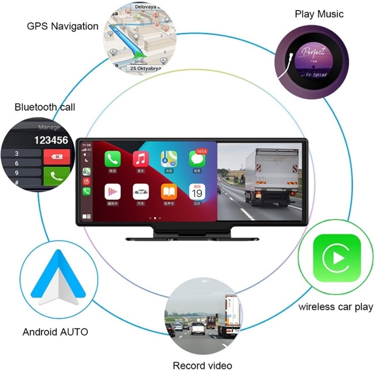 Navigatie universala portabila cu Android Auto si Apple Carplay, Display HD 10.26