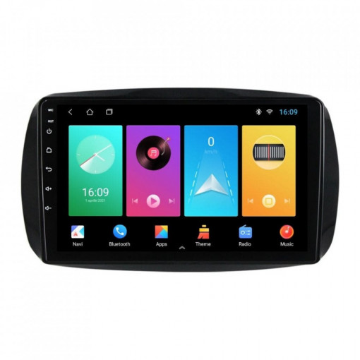Navigatie dedicata cu Android Smart Fortwo dupa 2014, 1GB RAM, Radio GPS Dual Zone, Display HD 9" Touchscreen, Internet Wi-Fi, Bluetooth, MirrorLink, USB, Waze