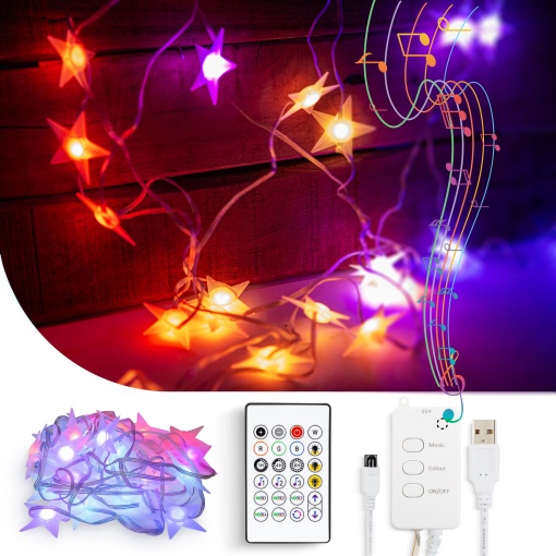 Sir de Lumina Inteligent pentru Casa – Forma de Stea, USB, 25 LED-uri RGB, 5 m, Bluetooth si Aplicatie
