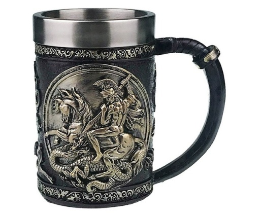 Halba de bere metalica Shopiens Dragonslayer Sfantul Gheorghe din inox si rasina, 500 ml