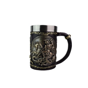 Halba de bere metalica Shopiens Dragonslayer Sfantul Gheorghe din inox si rasina, 500 ml - Img 2