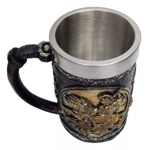 Halba de bere metalica Shopiens Dragonslayer Sfantul Gheorghe din inox si rasina, 500 ml - Img 4