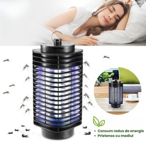 Lampa UV anti insecte, aparat anti tantari, muste, musculite, silentioasa, capcana electrica impotriva insectelor, cu radiatie 360° pentru interior sau exterior, consum redus, negru, 11x25cm - Img 3