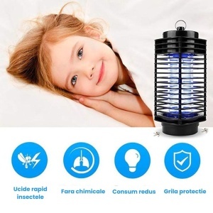 Lampa UV anti insecte, aparat anti tantari, muste, musculite, silentioasa, capcana electrica impotriva insectelor, cu radiatie 360° pentru interior sau exterior, consum redus, negru, 11x25cm - Img 4