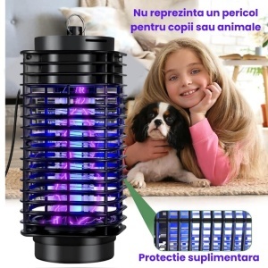 Lampa UV anti insecte, aparat anti tantari, muste, musculite, silentioasa, capcana electrica impotriva insectelor, cu radiatie 360° pentru interior sau exterior, consum redus, negru, 11x25cm - Img 5