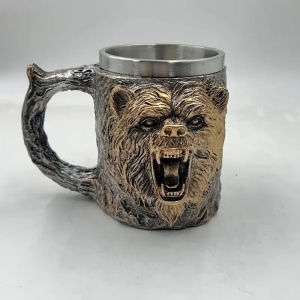 Halba de bere metalica Shopiens Bear in forma de urs, din inox si rasina, 400 ml - Img 1