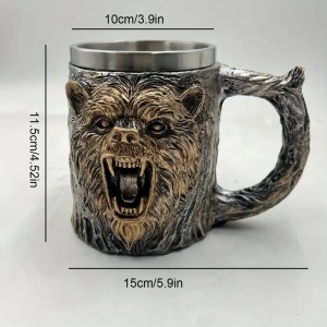 Halba de bere metalica Shopiens Bear in forma de urs, din inox si rasina, 400 ml - Img 3