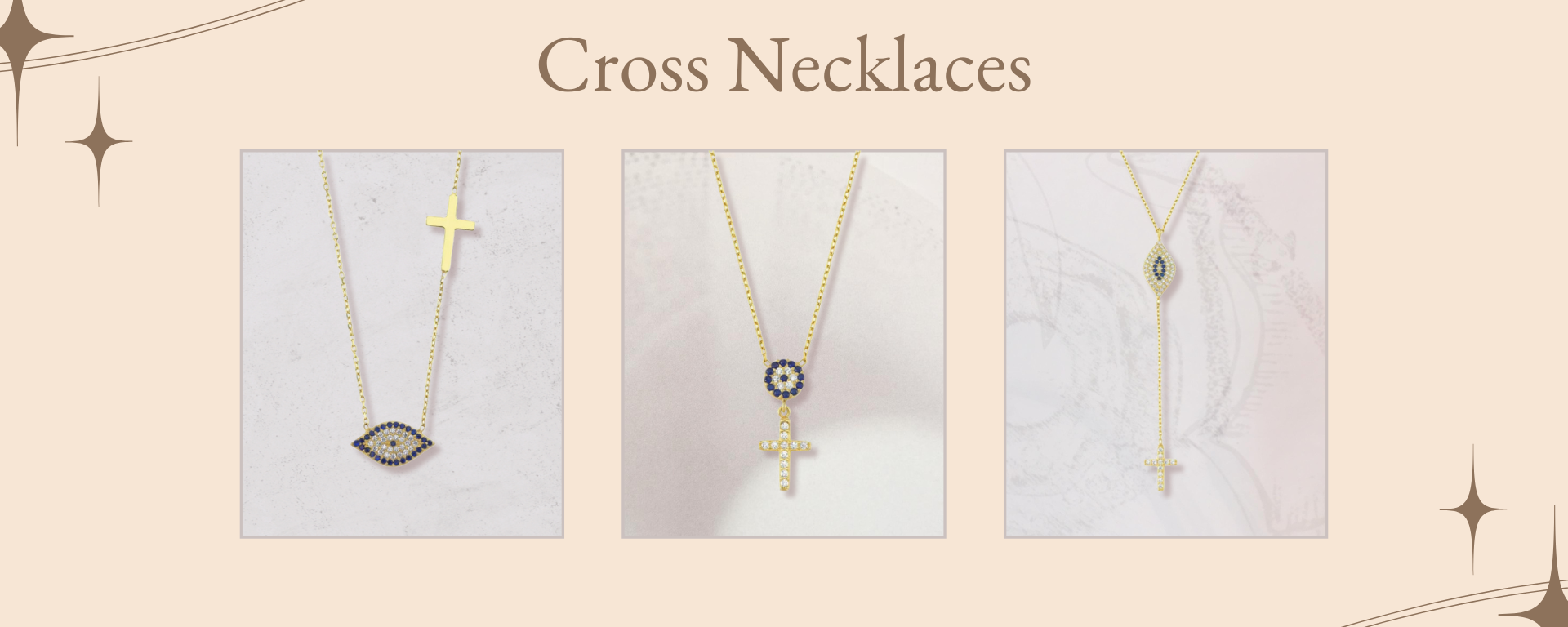 Stylish cross necklaces with evil eye details and crystal embellishments in gold chains, combining faith and fashion in Turkish wholesale jewelry.