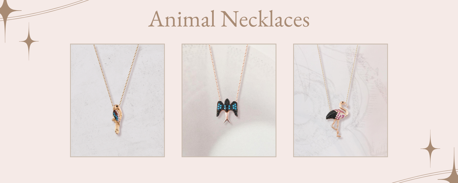 Unique animal-themed necklaces including bird, butterfly, and flamingo pendants with colorful stones, perfect for playful jewelry collections.