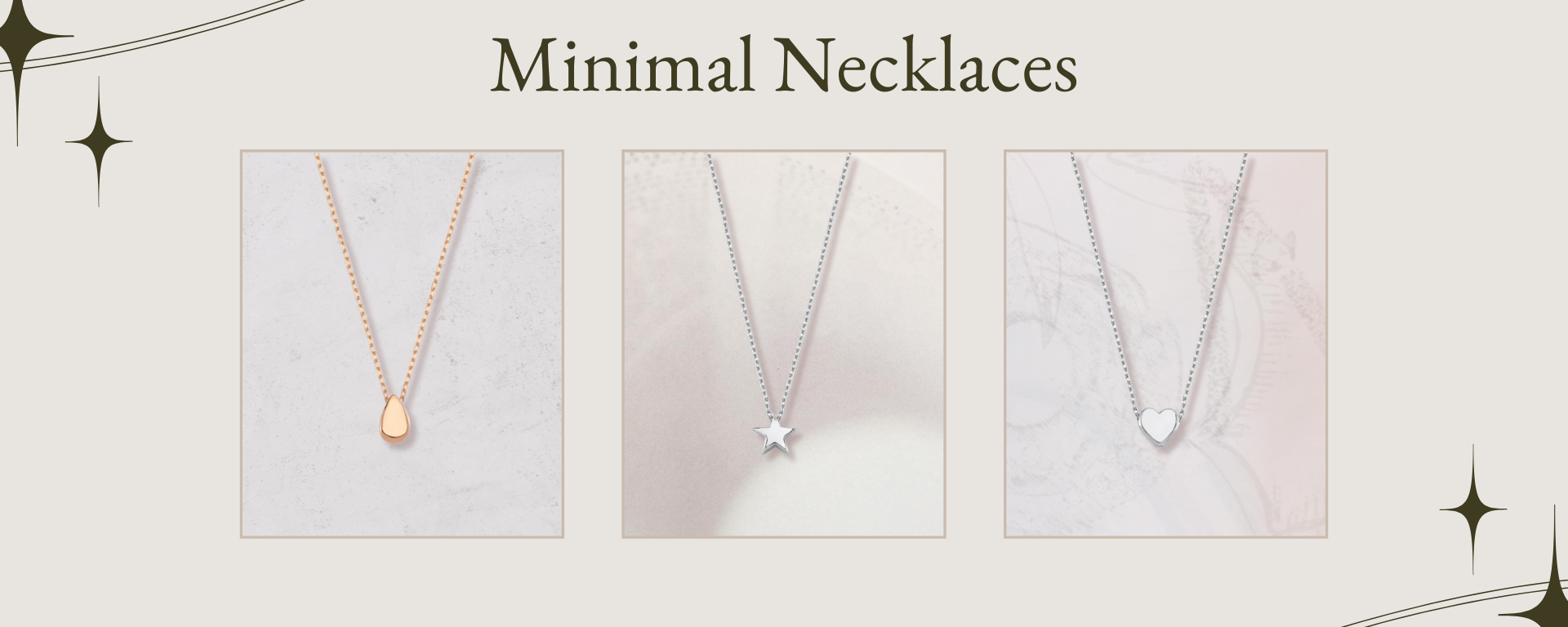 Minimalist necklaces featuring teardrop, star, and heart pendants in gold and silver finishes, perfect for everyday wear and wholesale minimalist jewelry.