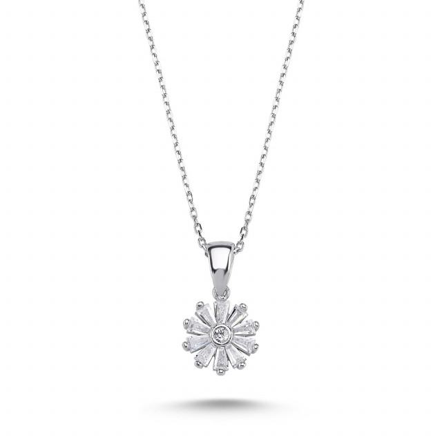 Sterling Silver Daisy Pendant Necklace with White Gemstones