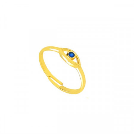 Gold evil eye ring with blue gemstone, crafted in 925 sterling silver, minimalistic design.