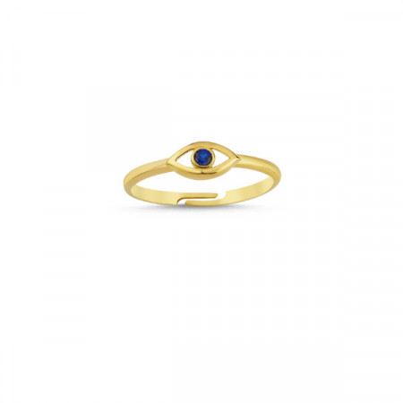 Gold evil eye ring with blue gemstone, crafted in 925 sterling silver, minimalistic design.