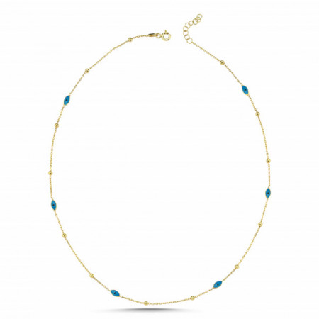 Gold-plated sterling silver necklace with blue evil eye charms, blending elegant design with spiritual significance.