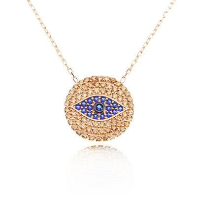 Gold-plated necklace with a round evil eye pendant, adorned with blue and champagne cubic zirconia stones for a sophisticated and stylish look.