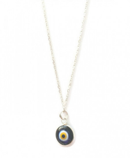 Black evil eye bead necklace with a sterling silver chain and handcrafted glass pendant.