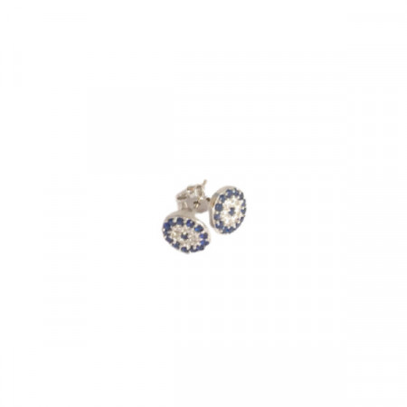Gold-plated sterling silver evil eye stud earrings adorned with blue and white stones, a symbol of protection and style.