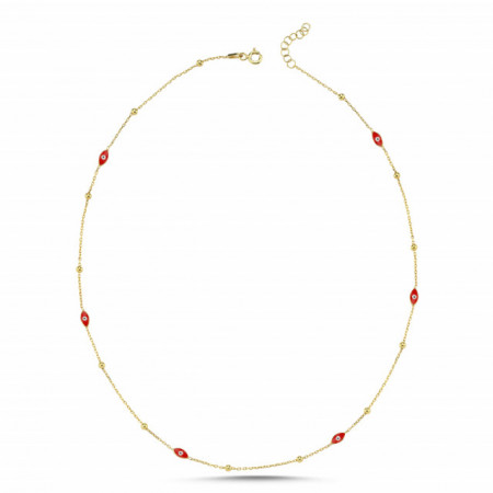 Gold-plated sterling silver necklace with red evil eye charms, combining bold style with spiritual significance.