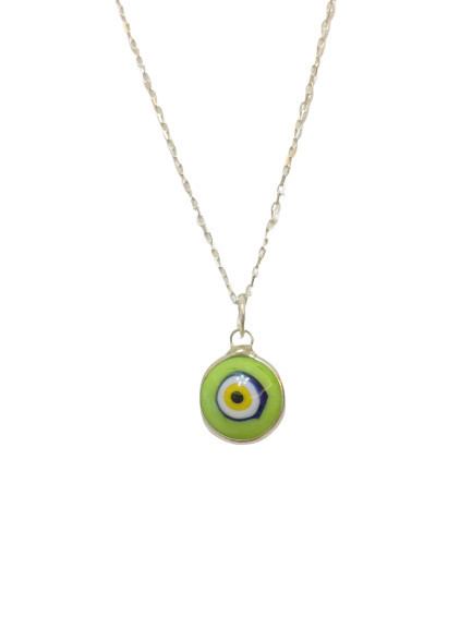 Green Turkish evil eye necklace featuring a handcrafted glass bead pendant on a 925 sterling silver chain. A symbol of protection and style.