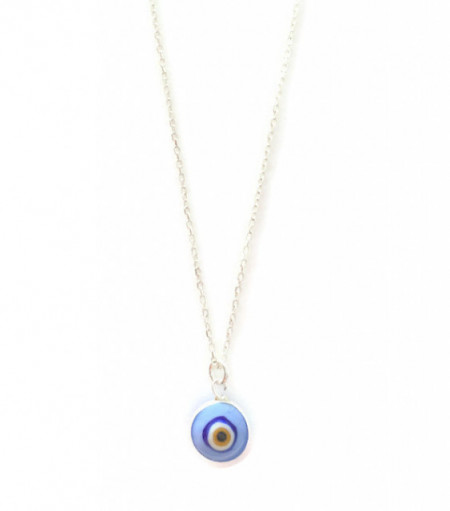 Blue Turkish evil eye necklace with a 925 sterling silver chain and a handcrafted blue glass bead pendant.