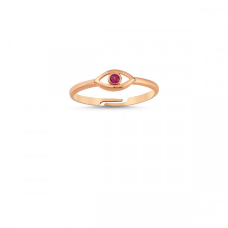 Rose gold evil eye ring with pink gemstone, crafted in 925 sterling silver, elegant design.