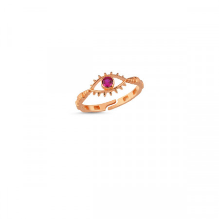 Rose gold evil eye ring with red stone centerpiece, featuring a minimalist and symbolic design.