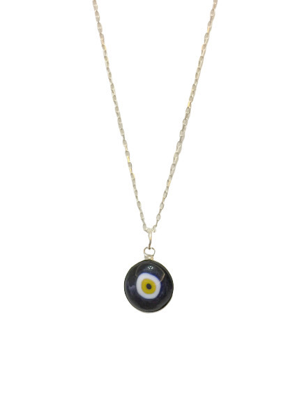 Black evil eye bead necklace with a sterling silver chain and handcrafted glass pendant.