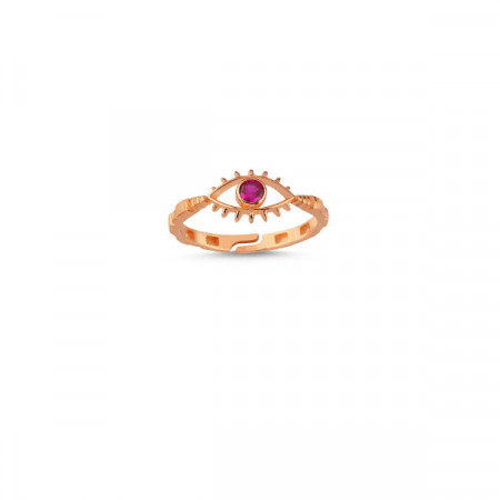 Rose gold evil eye ring with red stone centerpiece, featuring a minimalist and symbolic design.
