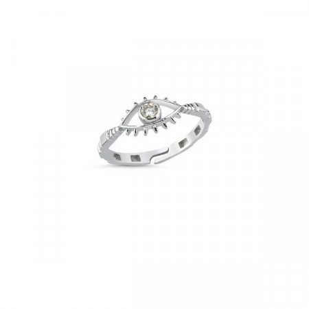 Sterling silver evil eye ring with cubic zirconia stone, featuring a symbolic and adjustable design.