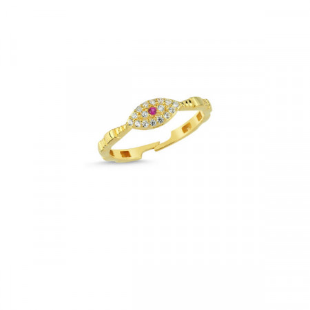 Gold evil eye ring with red stone centerpiece and white cubic zirconia accents, featuring a symbolic and elegant design.