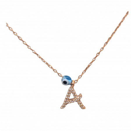 Close-up image of a personalized initial "A" necklace with cubic zirconia detailing and an evil eye charm, crafted in 18K gold-plated sterling silver.