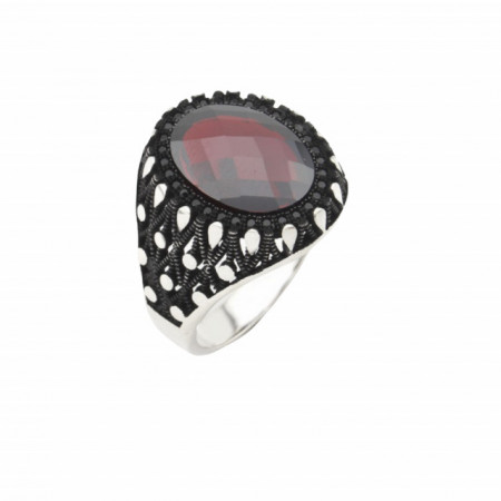 Men's Sterling Silver Ring Red Gemstone and Intricate Pattern