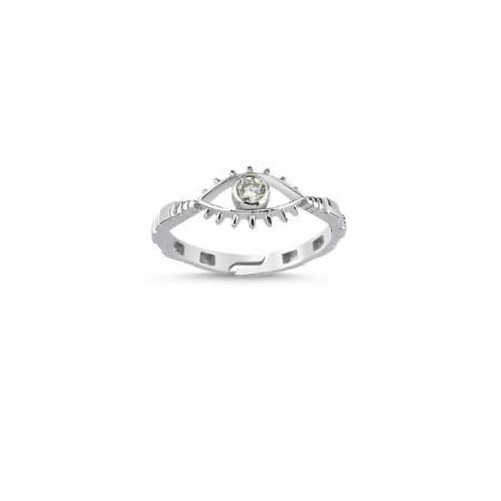 Sterling silver evil eye ring with cubic zirconia stone, featuring a symbolic and adjustable design.