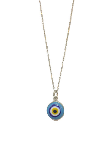 Turquoise evil eye necklace featuring a handmade glass bead pendant on a 925 sterling silver chain. Symbolic and elegant jewelry piece.