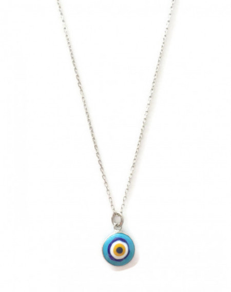 Turquoise evil eye necklace featuring a handmade glass bead pendant on a 925 sterling silver chain. Symbolic and elegant jewelry piece.