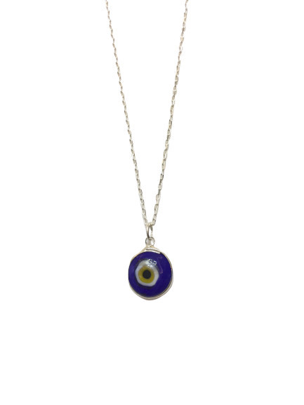 Dark blue evil eye necklace featuring a handmade glass bead pendant on a 925 sterling silver chain. Stylish and symbolic.