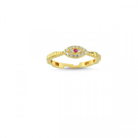 Gold evil eye ring with red stone centerpiece and white cubic zirconia accents, featuring a symbolic and elegant design.