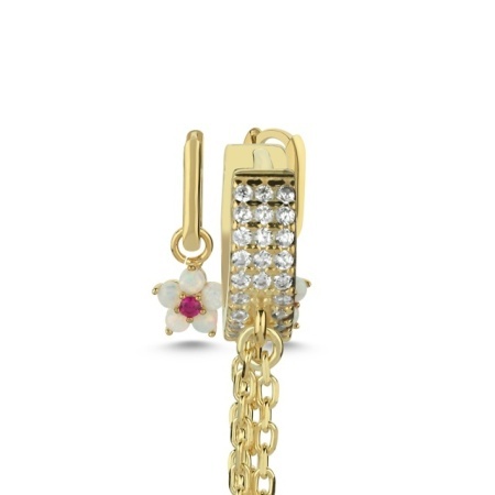 Gold-Plated Flower and Chain Drop Huggie Earrings with Opal and Zircon